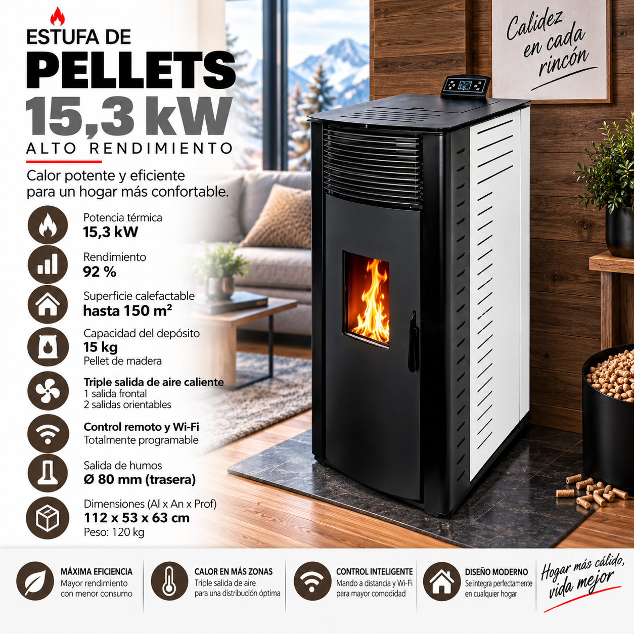 Estufa de Pellets BESTIA 15,3 kW – Triple Salida de Aire