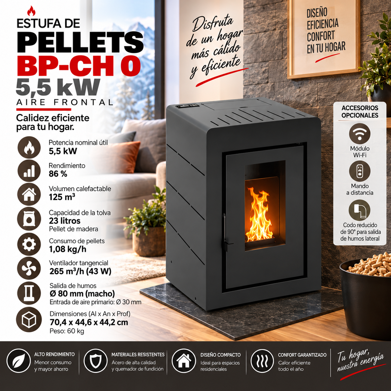 Estufa de Pellets BP-CH0 5,5 kW – Aire Frontal y Calefacción Eficiente